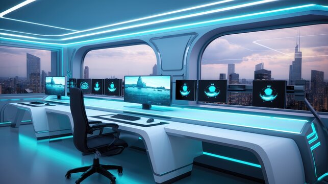 Futuristic Command Center with Urban Skyline View