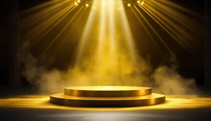 Free stage with lights and smoke, Empty stage with gold yellow spotlights, conser, show, party, Presentation concept.. orange spotlight strike on black background.banner design.empty gold podium stage - obrazy, fototapety, plakaty