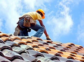 Roofer working in special protective work wear gloves, using air or pneumatic nail gun installing concrete or CPAC cement roofing tiles on top of the new roof under construction residential building - obrazy, fototapety, plakaty