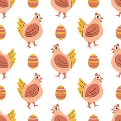 Seamless Easter pattern. Easter eggs and chicken. Vector illustration for packaging, background, wrapping paper.