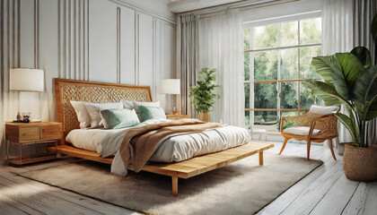 Home interior background, cozy white bedroom with bright furniture natural wooden tables, modern style, 3d render