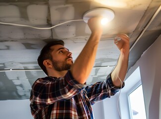 Electrician changing bulb in an apartment