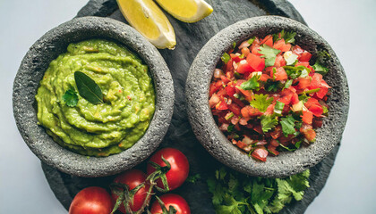 mexican salsas and guacamole in stone molcajetes shot top down and isolated - obrazy, fototapety, plakaty
