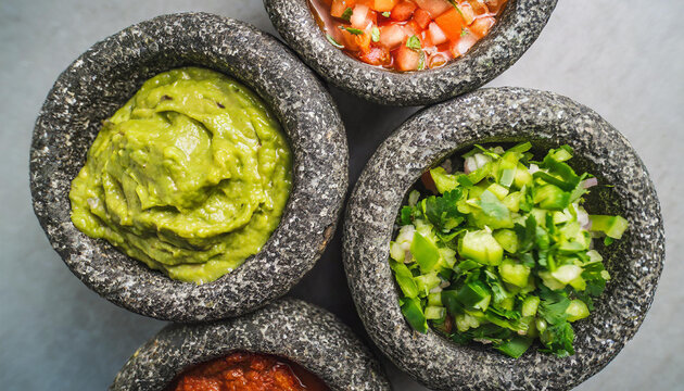 mexican salsas and guacamole in stone molcajetes shot top down and isolated