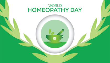 World Homeopathy day observed every year in April. Template for background, banner, card, poster with text inscription.