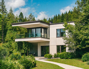 Fototapeta na wymiar Modern house in the forest covered with green vegetation