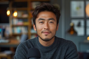 close up portrait of a young Asian content creator in studio room with microphone, Generative Ai