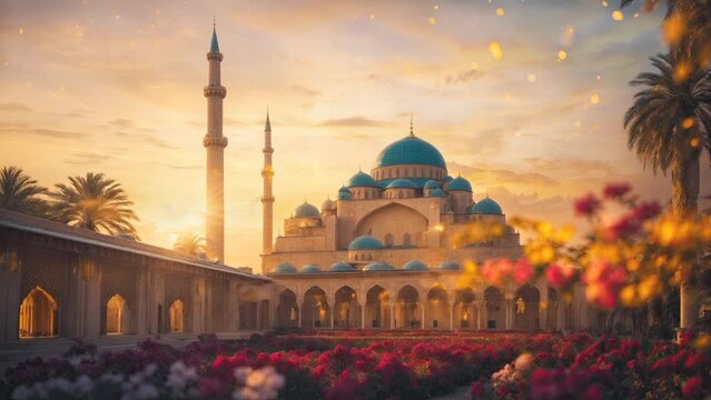 the mosque illuminated by the light of the sunset