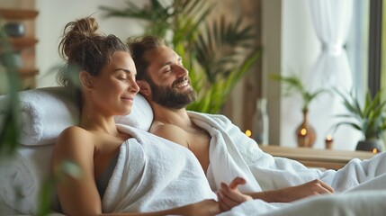 couple enjoying spa relax in hotel facility, smiling couple wearing towel, Generative Ai - Powered by Adobe