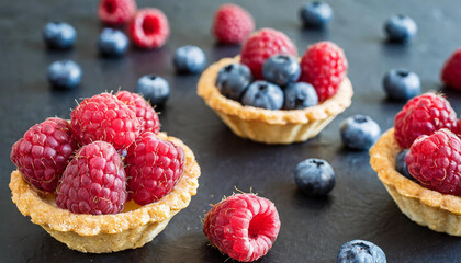 Small tartlets with fresh raspberries and blueberries on a black background. - obrazy, fototapety, plakaty