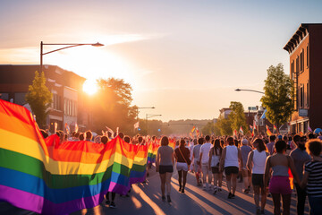 People march for LGBTQ+ rights carrying a large rainbow flag down a city street at golden hour, symbolizing hope and equality.

