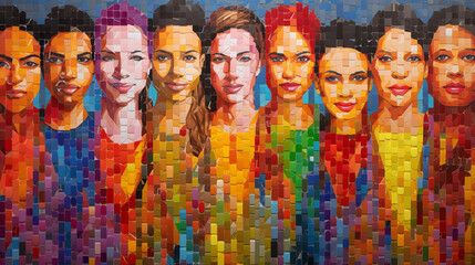 Vibrant mosaic artwork depicting a series of women's faces, showcasing a spectrum of diversity and...