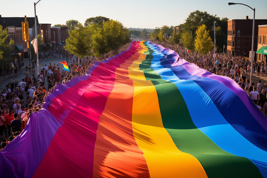 An aerial view of a vibrant pride parade, with a massive rainbow flag carried by people along a bustling city street.
