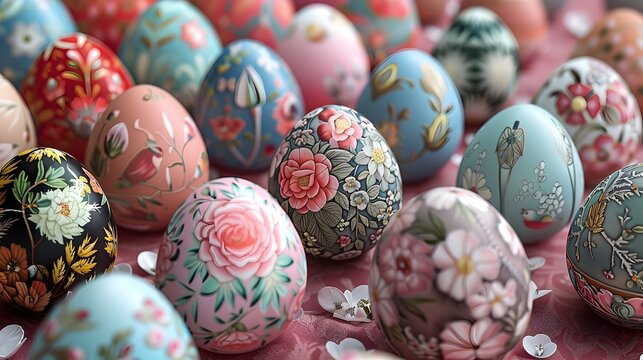 Vintage Style Floral Patterned Easter Eggs, To provide a unique and beautiful Easter decoration idea featuring vintage floral patterns and artisan