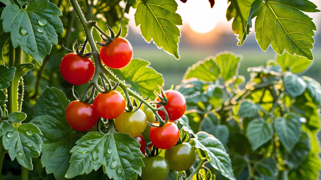 Image of fresh cherry tomatoes on a farm. generative AI.