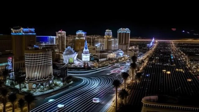 Animation of the city of Las Vegas Nevada from the air at night. Casino lights. Street fast traffic