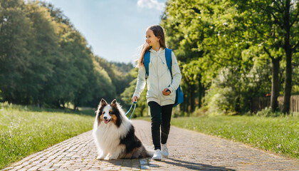 Naklejka na ściany i meble Teen girl is walking on footpath with her dog on leash. Pet owner with Czech Mountain Dog..