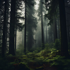A mysterious forest with fog and tall trees.