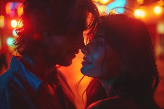 couple lover woman and man cuddle together in light glow and bokeh reflection, idea for online love and dating concept, Generative Ai