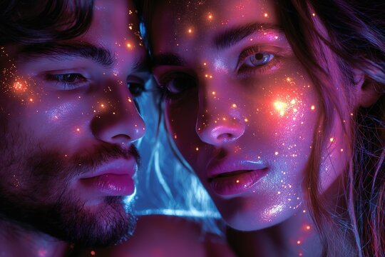 couple lover woman and man cuddle together in light glow and bokeh reflection, idea for online love and dating concept, Generative Ai