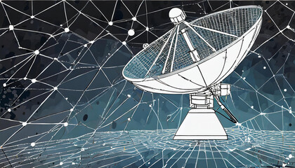 The large satellite dish transmits and receives signals from space. A radio signal propagates in space. The linear technology background is shown in the diagram below - obrazy, fototapety, plakaty