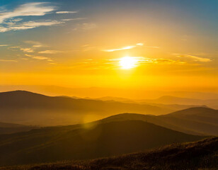 Obraz premium The sun sets magnificently over a wild landscape, casting an orange glow that illuminates the horizon