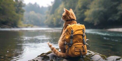 The Engaging Journey of a Backpack-Clad Cat Mesmerized by Beautiful River Views. Concept Traveling Cats, Adventure Backpacks, Scenic Landscapes, Outdoor Explorations, Feline Wanderlust - obrazy, fototapety, plakaty