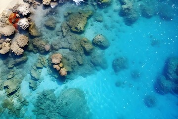 Aerial View of Coral Reefs: A stunning bird's-eye view of vibrant coral reefs beneath clear turquoise waters, showcasing the beauty of marine life.

