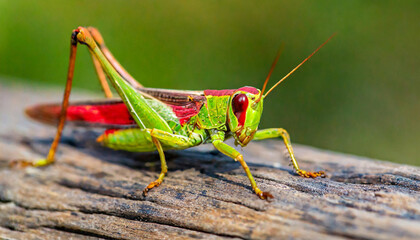Fototapeta premium Vibrant close up of colorful grasshopper with red, yellow, and green colors on nature background