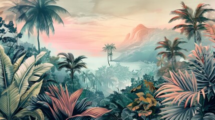 Fototapeta na wymiar Tropical Exotic Landscape Wallpaper. Hand Drawn Design. Luxury Wall Mural