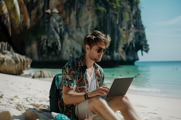 Businessman working with computer at the beach. Summer, technology and work from anywhere concept