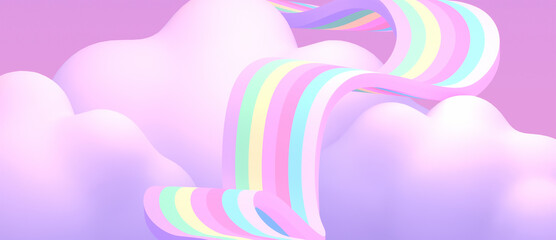 3d rendered cartoon curly rainbow road on clouds.