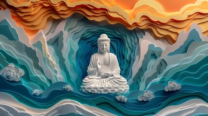 Futuristic Wave Art Buddha Statue on Oceanic Scene, To convey a sense of tranquility and spirituality with a modern and minimalistic touch, perfect