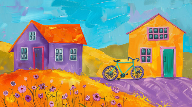 child's drawing of two purple and yellow houses and a green bicycle next to them