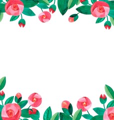 Frame of decorative pink and red roses, watercolor illustration of round roses and green leaves