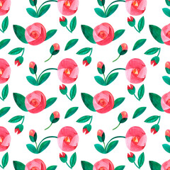 Pattern of pink decorative roses with buds and leaves, Watercolor seamless pattern, floral pattern