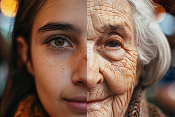 A woman face with one side is the young version of her, and the other side is the old version of her