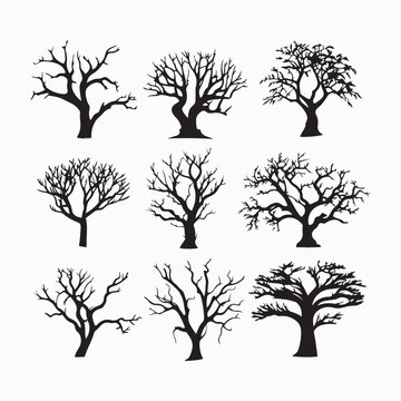 set of silhouettes of trees on a white background