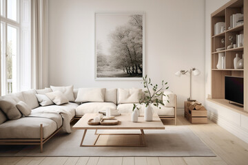 Elegant simplicity in a Scandinavian-inspired living room with a focus on clean lines and uncluttered spaces.