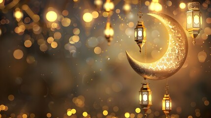 ramadan islamic greeting card of crescent moon decoration and lanterns with copy space area banner