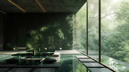 A 3D-rendered meeting room with floating glass tables and a wall in deep forest green.