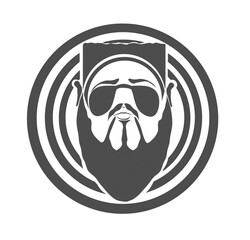 icon of the face of a fat, bearded man wearing sunglasses with several circles behind him on a white background