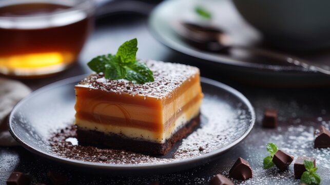 A caramel slice with a cup of coffee