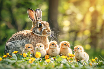 Niedlicher Hase sitzt zur Osterzeit mit mehreren K&uuml;ken auf einer kleinen, sonnigen Waldlichtung. Illustration - erzeugt mit Generative AI.