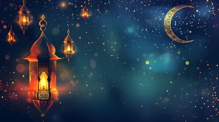 ramadan islamic greeting card of crescent moon decoration and lanterns with copy space area banner