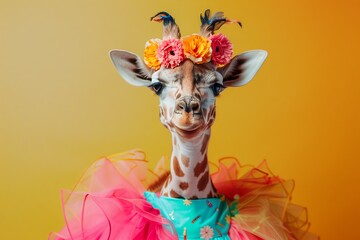 Giraffe with Floral Headdress and Pink Tutu - obrazy, fototapety, plakaty