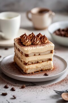 A close up shot of a stunning Tiramisu Cake decorated with coffee and cocoa cream gently passed on a gray base on a cool gray painted wooden table.