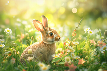 Niedlicher Hase zur Osterzeit auf einer sonnigen, bunten  Frühlingswiese. Illustration - erzeugt mit Generative AI.