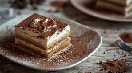 Layers of coffee-soaked ladyfingers, mascarpone cream, dusted with cocoa powder.