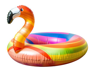 Colorful inflatable flamingo pool float for summertime fun in the water on transparent background - stock png.
